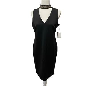 Calvin Klein Black Sheath Dress NWT Studded Choker V-Neck Scuba Knit Sz 8 Party